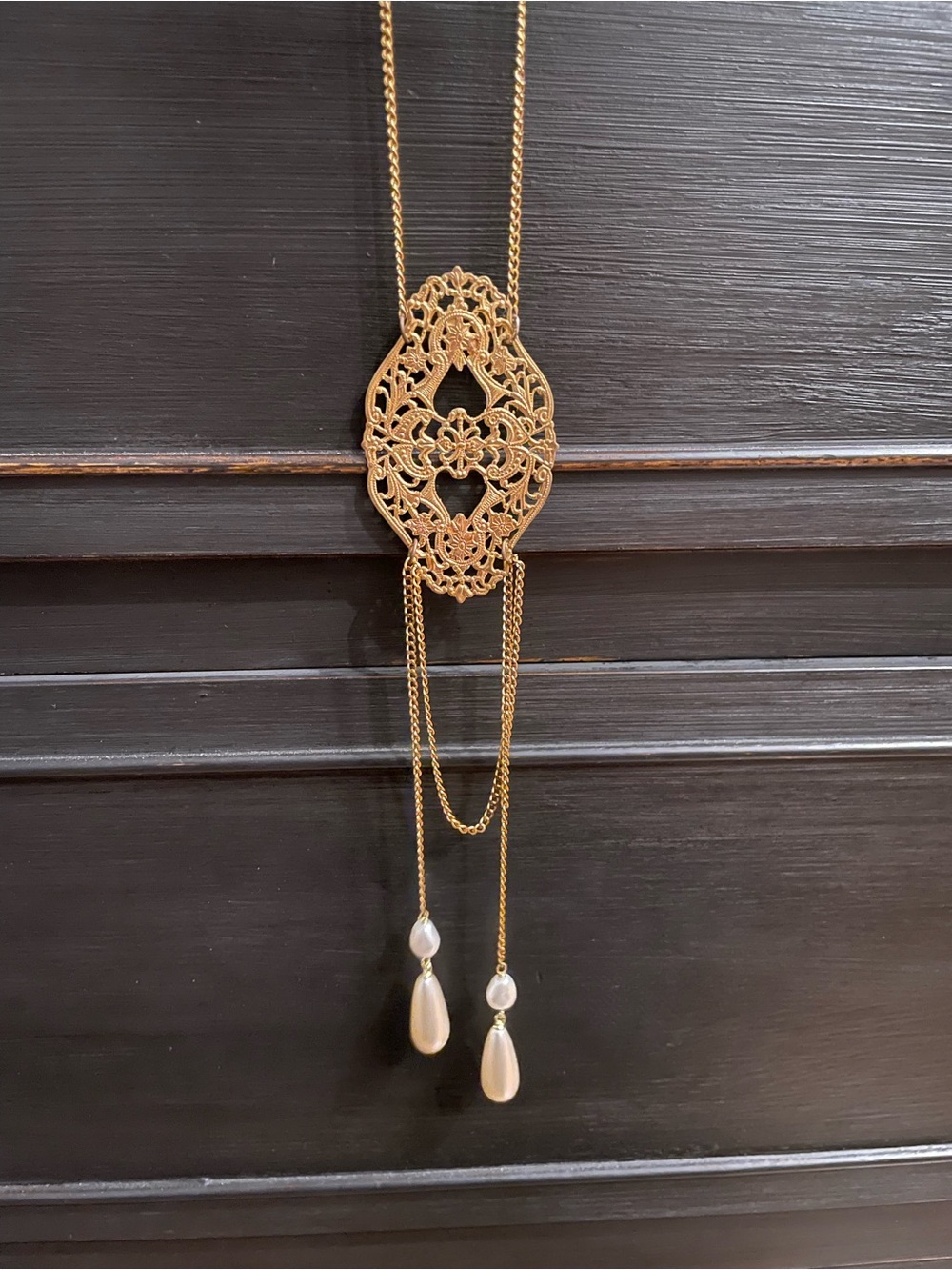 Gold Filigree Back Drop Necklace with Pearl Teardrops
